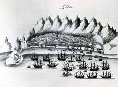 Portugisisk angrep på Aden, illustrasjon fra Legends of India av Gaspar Correia, ca. 1858 av Portuguese School