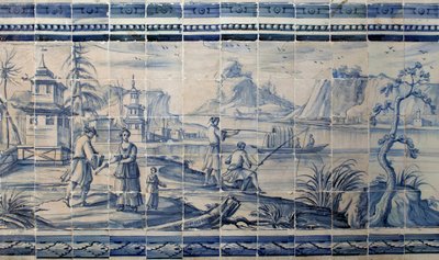 Scene ved bredden av en innsjø i Asia - Azulejos, malt fajanse av Portuguese School
