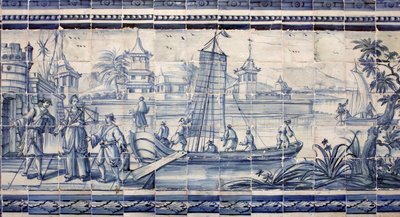 Scene ved bredden av en elv i Asia - Azulejos, malt fajanse av Portuguese School