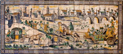 Singerie, hønenes ekteskap - Flisepanel, ca. 1665, fra den gamle gården Cadriceira, i Turcifal, Torres Vedras (Portugal) (Kyllingens bryllup, Flisepanel, ca. 1665) - Musee national des azulejos, Lisboa (Portugal) av Portuguese School