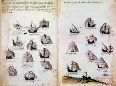Krigsskip. Minner om armadaene i Portugal under kong Manuel I (1469 - 1521). Manuskript fra 1505. Paris. BN av Portuguese School