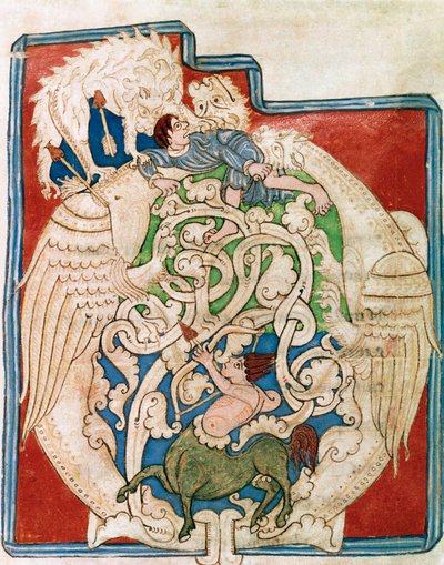 Innpakning O med representasjon av en jaktkentaur. Miniatyr hentet fra "" Det gamle testamente"" (Testamentum vetus) Fra Sancta Cruz de Coimbra. 1100-tallet. Porto, kommunalt bibliotek av Portuguese School