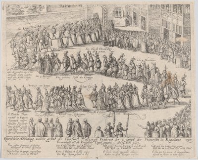 Ekteskapsprosesjon for bryllupet til Elizabeth Stuart, datter av James I, og..., 1613 eller senere. av Possibly by Abraham Hogenberg.