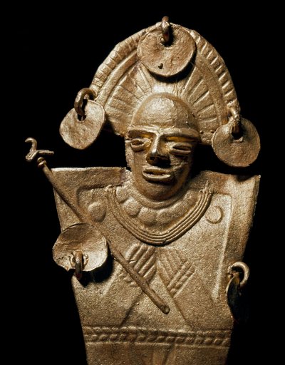 Precolombiansk kunst, Muisca-sivilisasjonen: statuett av kvinne (Tunjo) i seremoniell gulldrakt. 15.-17. århundre. Bogota, Museo de Oro, Colombia - Førkolumbiansk kunst, Muisca-kultur (15.–17. e.Kr.): gullstatue av en tunjo, en kvinne iført en seremoniell  av Pre Columbian