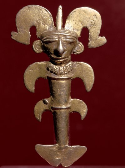 Pre-colombiansk kunst, Quimbaya-sivilisasjonen (Colombia): antropomorfisk anheng i gull. 400-1400 e.Kr. Bogota, Museo de Oro, Colombia av Pre Columbian Pre Columbian
