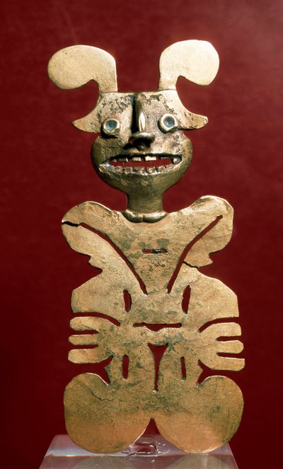 Precolombiansk kunst, Quimbaya-sivilisasjonen (Colombia): antropomorfe statuetter i gull. 400-1400 e.Kr. Bogota, gullmuseum, Colombia av Pre Columbian Pre Columbian