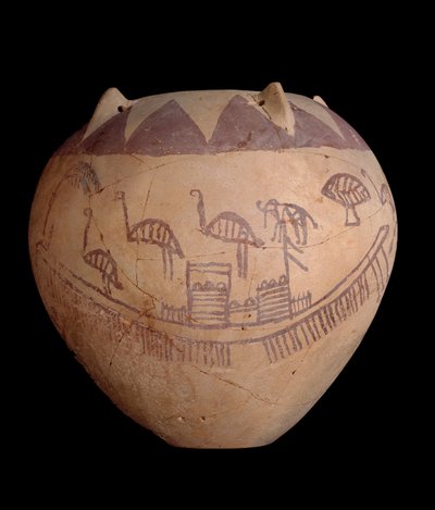 Brent leirkrukke med malt dekor, inkludert båter og dyr, ca. 3400-3300 f.Kr. (leire) av Predynastic Period Egyptian