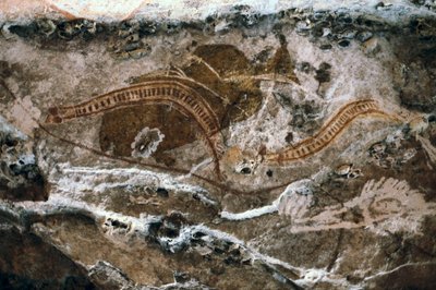 Aboriginalt bergmaleri, stedet for Ubirr-hulene, Kakadu nasjonalpark, Australia (maleri) av Prehistoric Prehistoric