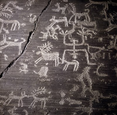 Sivilisasjonen av Camunni, forhistorie, bergkunst: gravstein, detaljer om den store steinen Naquane, i Valcamonica (Val camonica). Museo archeologico de Milan av Prehistoric Prehistoric