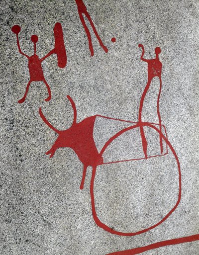 Nordisk bronsealder: plog trukket av en okse, helleristninger i Tanum, Sverige 1800-500 f.Kr. av Prehistoric Prehistoric
