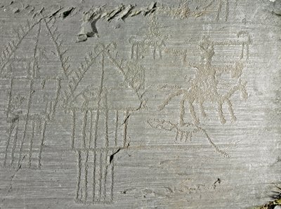 Forhistorie, kamunnisivilisasjon, bergkunst: gravstein av scener fra hverdagslivet i en landsby, hytte på påler, innsjøhus, hunder, fugler, hjort og mennesker til hest. Periode mellom yngre steinalder og bronsealder. Roche. 35 Capo di Ponte, Parco nazional av Prehistoric Prehistoric