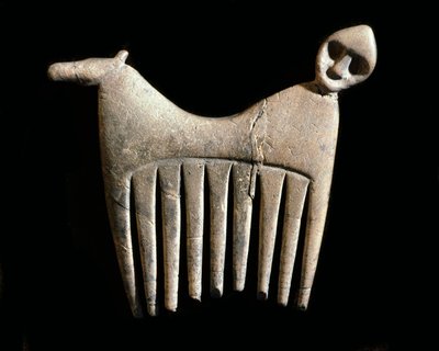 Forhistorie: beinkam med hode av mann og hest fra øya Gotland. Steinalder. Svenska Riksantikvariemuseet, Stockholm, Sverige av Prehistoric Prehistoric