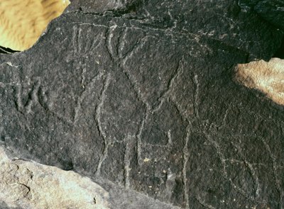 Forhistorie, bergkunst: seriøs rock. Steinalder 5000-2000 f.Kr. Taghit, Hoggar Highland (Ahaggar), Algerie av Prehistoric Prehistoric