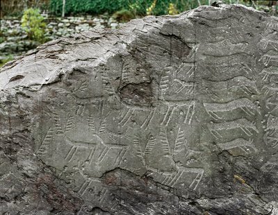 Forhistorie, bergkunst: gravstein av representasjoner av hjort, storfe. Kobberalder. Eneolitisk periode (kalkolittisk). Roche nr. 1. Cemmo (Brescia) nasjonale arkeologiske park for steinblokkene i Cemmo, Italia av Prehistoric Prehistoric