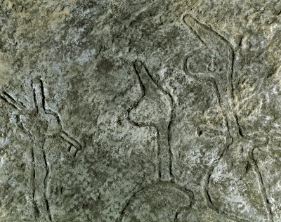 Forhistorie, bergkunst: helleristning (graffiti på stein) av en representasjon av en jaktscene. neolitikum, steinalder. (Aserbajdsjan) Bronsealder. Baku, Aserbajdsjan statlige religionshistoriske museum av Prehistoric Prehistoric