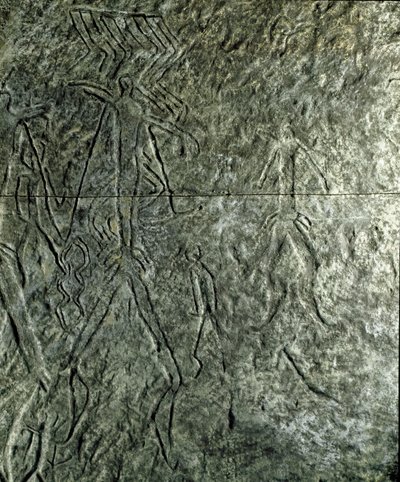 Forhistorie, bergkunst: helleristning (graffiti på stein) av menneskelige figurer. neolitikum, steinalder. (Aserbajdsjan) Bronsealder. Baku, Aserbajdsjan statlige religionshistoriske museum av Prehistoric Prehistoric