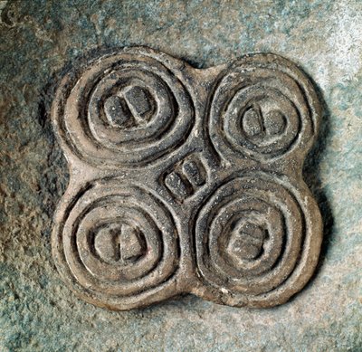 Forhistorie: segl eller segl (pintadera) dekorert av en spiral fra Necropole of Arene Candide (Finale Liguria), Liguria. Mellomneolitikum, steinalder. Gener, museo di archeologia ligure av Prehistoric Prehistoric