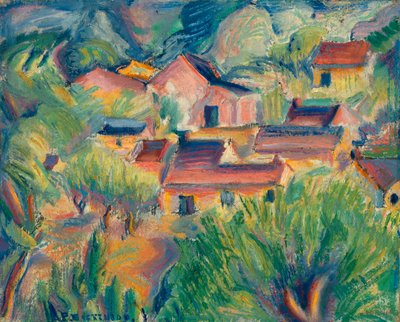 Hus og landskap, ca. 1918. av Preston Dickinson