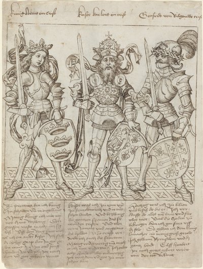 Kong Arthur, Charlemagne og Godfrey av Boulogne av Primary Master of the Strassburg Chronicle