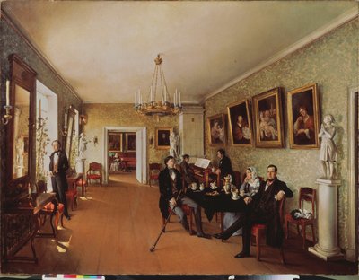 A Family Scene (Daglige aktiviteter ved tetid, noen spiller piano, andre lytter, en kvinne i bakgrunnen syr) - A Family Scene - Maleri av Prokofi Yegorovich Pushkaryev (Pushkaryev) (?-etter 1856), h av Prokophy Egorovich Pushkaryev