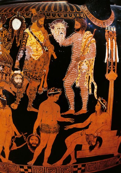 Vase av Pronomos, krater med røde figurer. Detalj som skildrer Hercules (Heracles), forberedelsene til et satyrisk drama i nærvær av Dionysus og Ariane, karakterene holder teatermasker. 400 f.Kr. Napoli, Museo Archeologico Nazionale av Promonos Painter