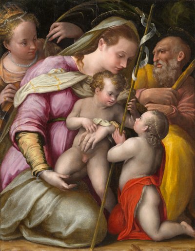 Hellig familie med St. Katarina av Alexandria og spedbarnet St. Johannes døperen, ca. 1551-1556 (olje på poppelpanel) av Prospero Fontana