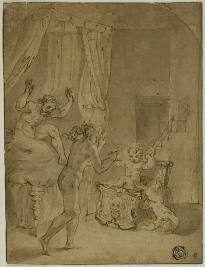Spedbarnet Hercules kveler slanger i vuggen sin (recto); Kronet kvinne som kneler i landskapet og andre skisser (verso) av Prospero Fontana