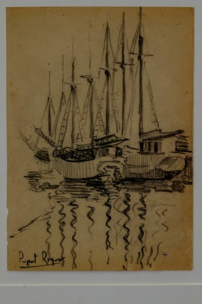 seilbåter, Narcís Puget Riquer, kulltegning, Puget museum, edle huset til Can LLaudis, Dalt Vila, Ibiza, balearene, Spania av Puget Riquer