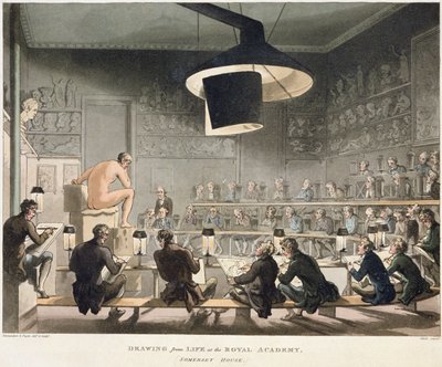 Tegning fra livet ved Royal Academy (farget gravering) av Pugin and Rowlandson