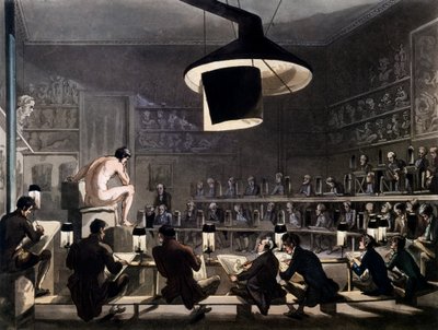Tegning fra Life at the Royal Academy, Somerset House, London, fra Microcosm of London av R. Ackermann, 1810 (farget akvatint) av Pugin and Rowlandson