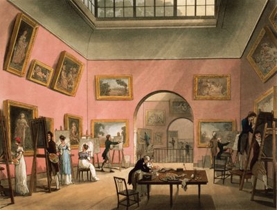 Studenter som lærer å male og lage kopier av bilder ved den britiske institusjonen, Pall Mall, fra Ackermanns `Microcosm of London