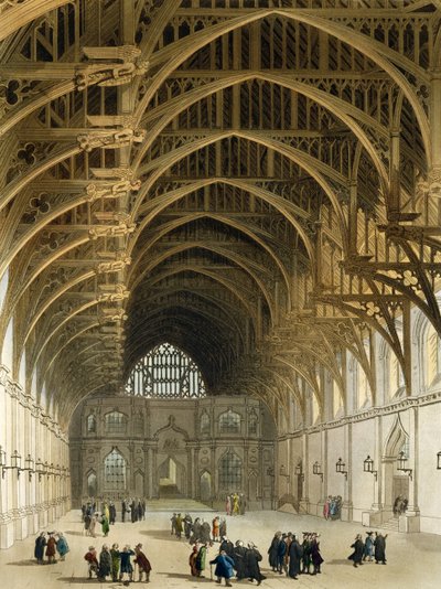 Westminster Hall, gravert av J. Bluck (fl.1791-1831) pub. av R. Ackermann, 1809 (farget akvatint) av Pugin and Rowlandson