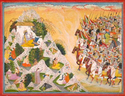 Jarasandhas hær rykker frem mot Krishna og Balrama, Folio fra en Mahabharata, ca. 1800-1815. av Purkhu