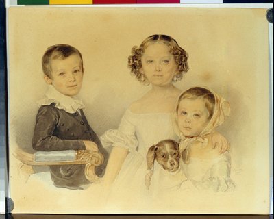 Portrett av Lanskoy-barna. Verk av Pyotr (Piotr) Fyodorovich Sokolov (Pierre Sokolov) (1791-1848), akvarell på papp av Pyotr Fyodorovich Sokolov