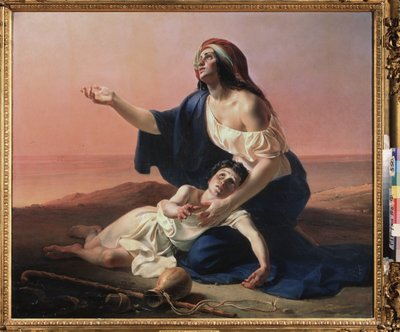Hagar og Ismael i ørkenen. (Abrahams egyptiske tjener, med profetens uekte barn, jaktet i ørkenen når vannet renner ut). Maleri av Pyotr Stepanovich Petrovsky (1814-1842), olje på lerret av Pyotr Stepanovich Petrovsky