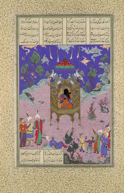 Kai Kavus Ascends to the Sky, Folio 134r fra Shahnama Book of Kings..., ca. 1525-30. av Qadimi