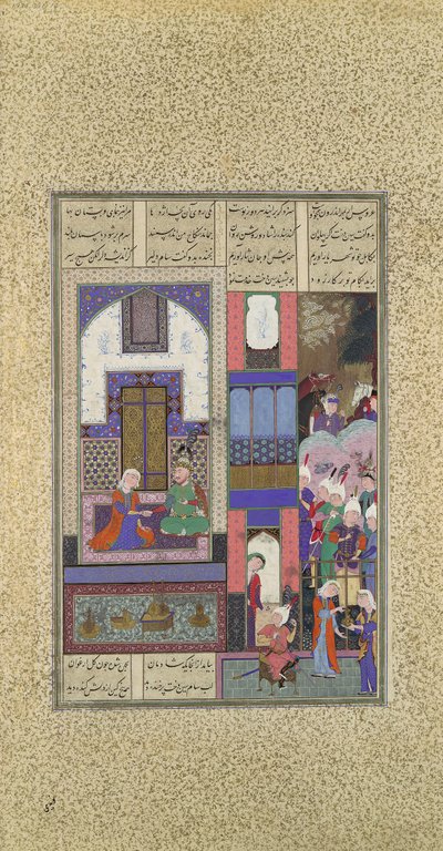Sam forsegler sin pakt med Sindukht, Folio 85v fra Shahnama Book of Kings..., ca. 1525-3 av Qadimi