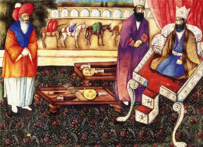 Salomo mottar gaver fra dronningen av Saba, ca. 1863-4 av Qajar School