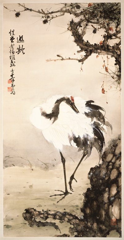 Kran under et furutre (hengende rulle, blekk og farge på papir) av Qifeng Gao