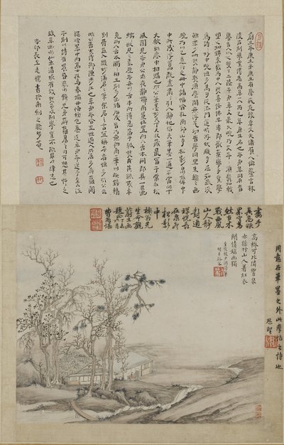En lærd i sitt fjellstudio (blekk og farge på papir) av Qing Dynasty Chinese School