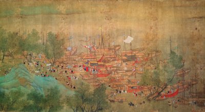 Keiser Kang Shis omvisning i Kiang-Han i 1699, etter Chaio Ping Chen (1661-1722) (blekk og farge på silkepapir) av Qing Dynasty Chinese School