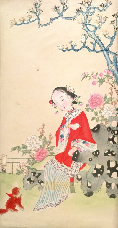 Jente sitter på en rustikk steinstol av Qing Dynasty Chinese School
