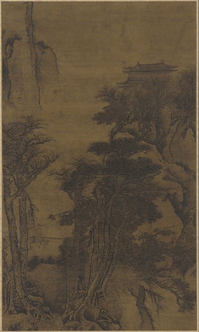 Landskap med tempel og reisende av Qing Dynasty Chinese School
