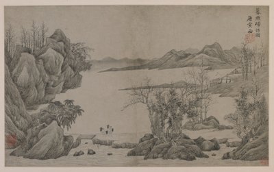 Elvelandskap og vedsamlere (blekk på papir) av Qing Dynasty Chinese School