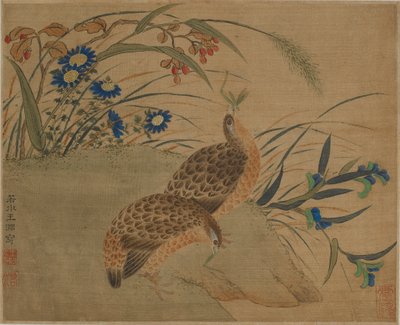 To vaktel spiser gresshopper under blomster av Qing Dynasty Chinese School