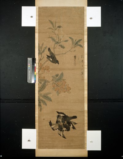 Fugler og grein av Qing Dynasty Chinese School