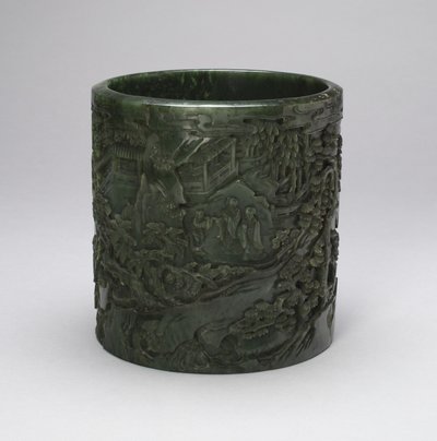 Børstekrukke med lærde og ledsagere i et fjellandskap (jade med utskåret dekorasjon) av Qing Dynasty Chinese School