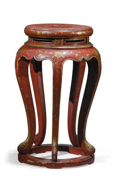Jardinière (lakkert i rødt med gull, brun og grønn detalj) av Qing Dynasty Chinese School
