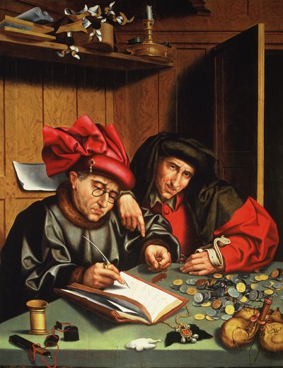 The Money Lenders (olje på eikepanel) av Quentin (attr. to) Massys or Metsys