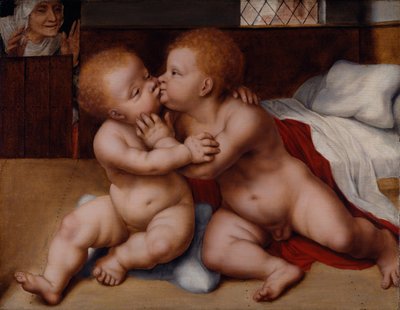 The Infant Christ with the Infant St John the Baptist (olje på tre) av Quentin (workshop of) Massys or Metsys